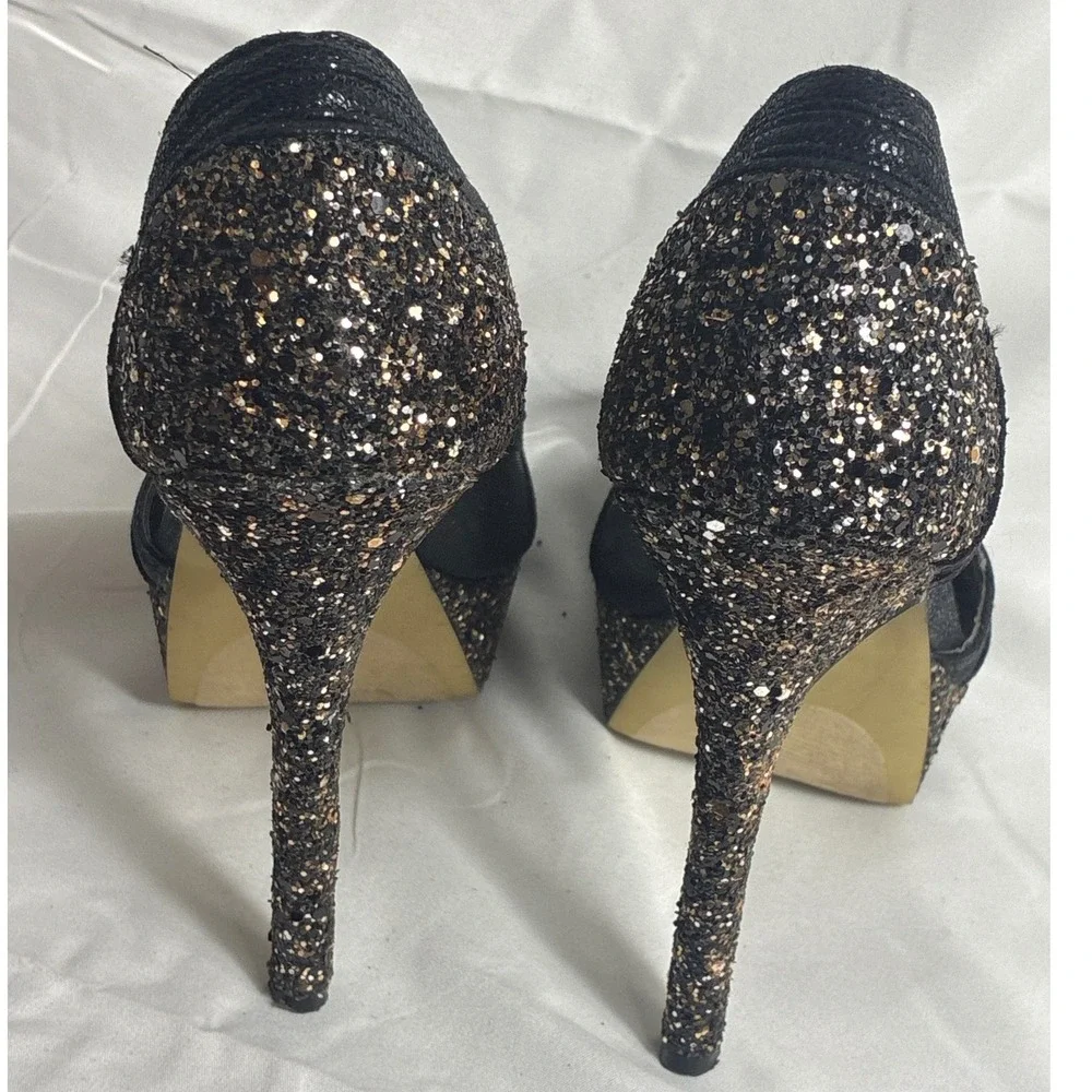 Bebe Womens Black Glitter Mesh Platform‎ Peep Toe Stiletto Pumps Heels Size 9